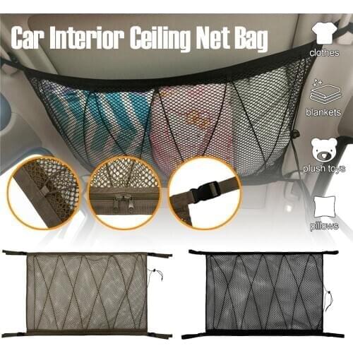 35"x25" Car Interior Ceiling Net Bag Adjustable Double-Layer Car Roof Cargo Organizer with Zipper for Sunries Storage