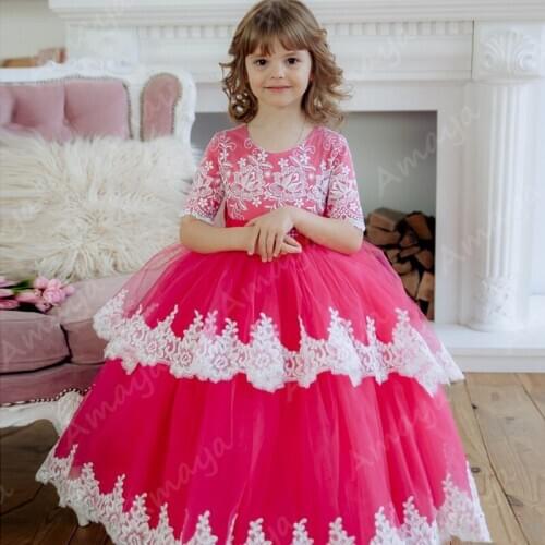 Amaya Fuchsia Flower Girls Dresses Short Sleeves Lace Appliques Pageant Communion Gowns Vestidos Niña Robe de Soirée De Mariage