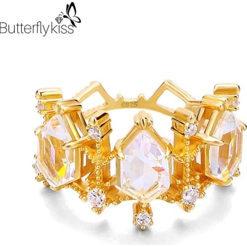 BK Three Transparent Quartz Rings For Women 925 Sterling Silver Colorful Gems Vintage Wedding Engagement Anniversary Jewelry