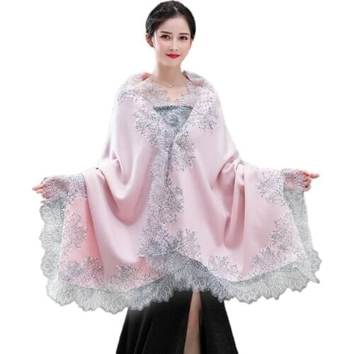 Women Pashmina Large Scarf Vintage Shawl Wrap Eyelash Floral Lace Wedding Cape