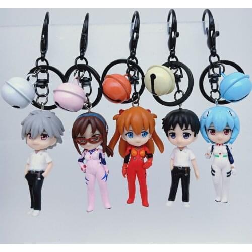 New 5Pcs/Set Evangelion Action Figures Key Chain 6.5cm Asuka Langley Ayanami Rei Mari Bag Pendant Key Ring Toys For Children