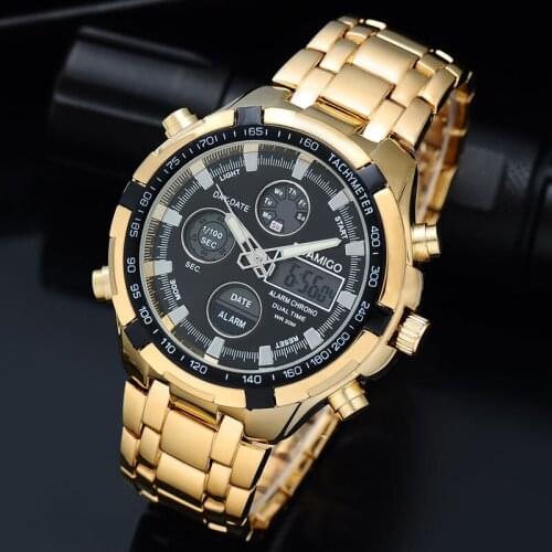 Brand Watches For Men Auto Date chronograph Sport Watches Mens gold Steel Digital Quartz Wristwatches Relogio Masculino