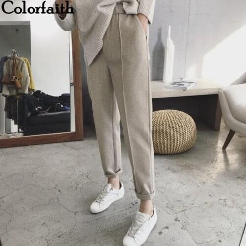 Colorfaith New 2021 Winter Spring Women Pant High Waist Pocket Korean Minimalist Style Fashion Ankle-Length Casual Pants P936