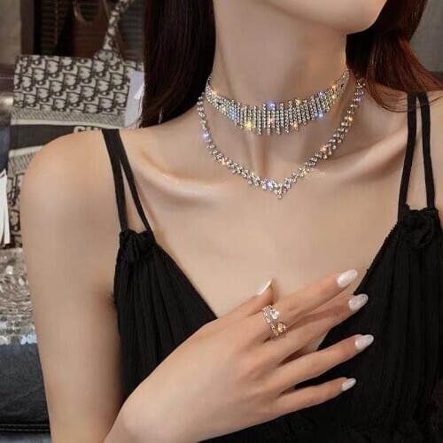 New hot selling fashion ins Ms. Rhinestone Necklace shiny crystal double Necklace Jewelry Gift