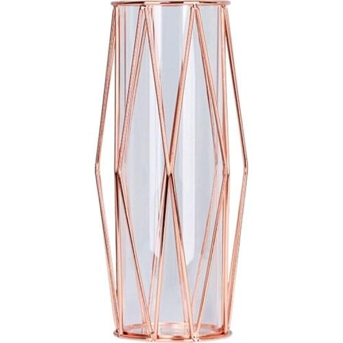 Geometric Glass Vase with Metal Bracket, Crystal Transparent Inner Vase, Hand-Plated Geometric Metal Vase
