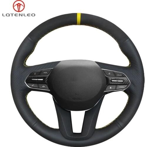 LQTENLEO Black Genuine Leather Suede Hand-stitched Car Steering Wheel Cover For Hyundai Santa Fe 2019-2020 Palisade 2020