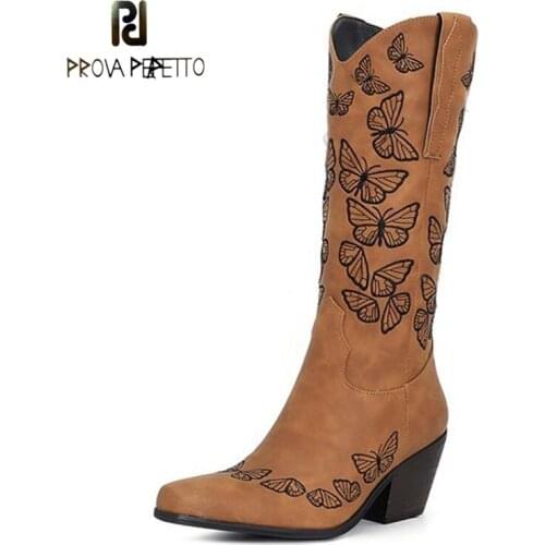 Fashion Retro Thick Heel Point Toe Embroidered Western Knight Boots High Heel Knee-length Butterfly Embroidery High Boots
