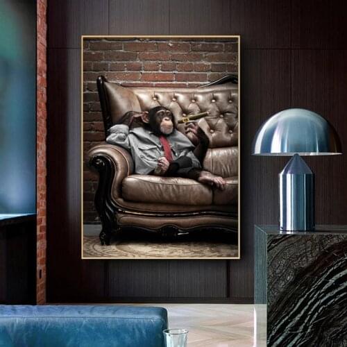 Cartoon Orangutan Wall Art Posters Prints Smoking Monkey Oil Painting on Canvas Wall Pictures for Living Room Wall Cuadros Decor