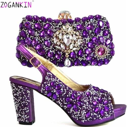 Nigerian New Arrivals 2019 Christmas Party Shoes Matching Bag Buling Bling Mature Style Shoes Matching Bag for Party in Purple