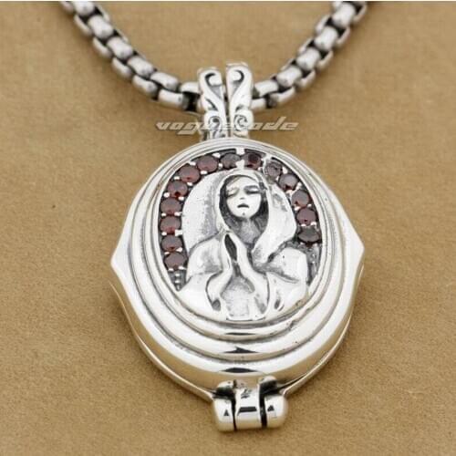 Openable Virgin 925 Sterling Silver Mary JESUS Red CZ Stone Mens Biker Rock Punk Pendant 9F006