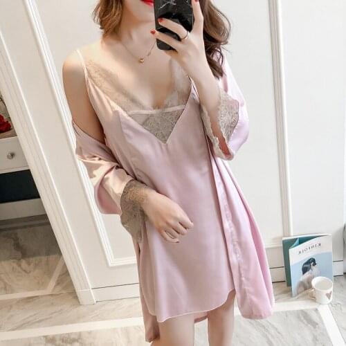 Sexy Silk-like Robes Sleepshirts Sets Home Clothing 2PC Long SLeeve high quality Two-Piece Nightwear Suit