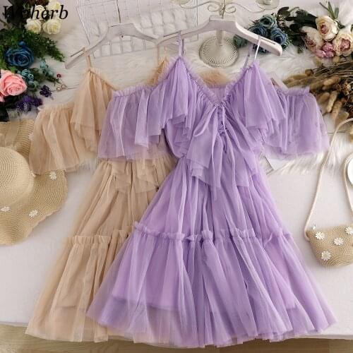 Woherb Elegant Ruffle Mesh Dress Women 2021 Summer New Solid Sweet Dresse Sexy Off Shoulder Vestidos De Mujer
