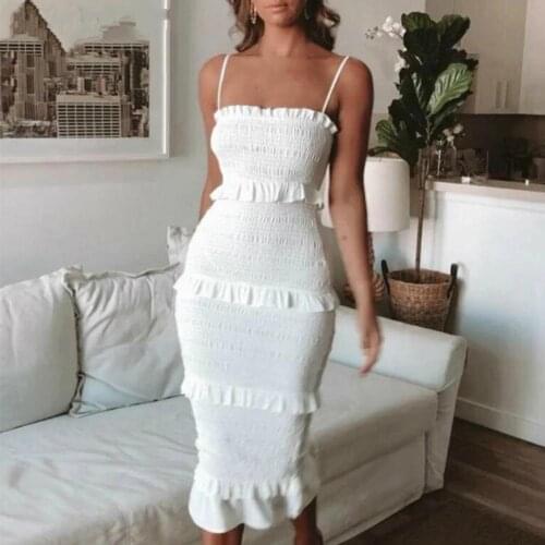 Sexy Dress Spaghetti Straps Ruffles High Stretchy Backless Low Cut Off Shoulder Dress for Club White/Red/ Pink/Green