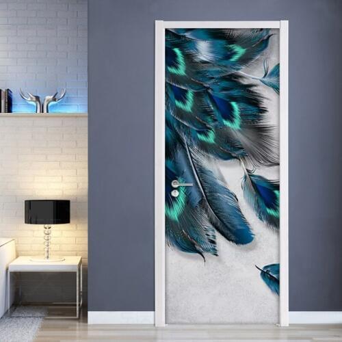Self-adhesive Door Sticker Colorful Feather 3D Photo Wallpaper For Bedroom Living Room Door Mural Waterproof Vinyl Wall Paper 3D