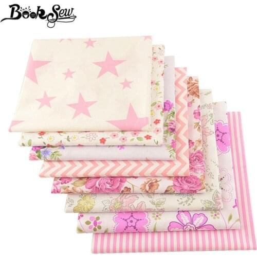 Booksew 100% Cotton Twill Fabric 8Pcs/lot 40cmx50cm Pink Flowers Star Design Home Cloth Quilting Bedsheet DIY Doll Crafts Tissu