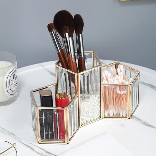 VoltaBox 2021 New Geometric Glass Transparent Base Brush Makeup Brush Storage Box Portable Desktop Cosmetic Tool Holder