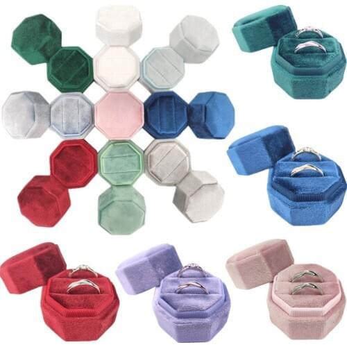 Octagon Velvet Ring Bearer Box - Premium Gorgeous Vintage Double Rings Display Holder with Detachable Lid for Engagement Wedding