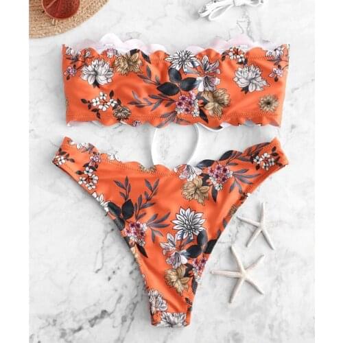 Women Clothing 3D Flower Print Women Swimsuit Lace-up Bandeau Sexy Bikini Push-Up Swimwear Without Strap купальники женские 2021