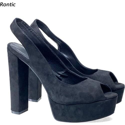 Rontic Handmade Women Platform Sandals Faux Suede Chunky Heels Peep Toe Elegant Black Party Shoes US Size 5-20