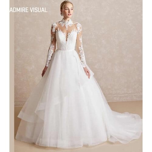 New Arrive Wedding Dress A-Line Lace High Neckline Full Sleeves Open-Back Plus Sizes Bride Gown 2021 Vestidos De Novia