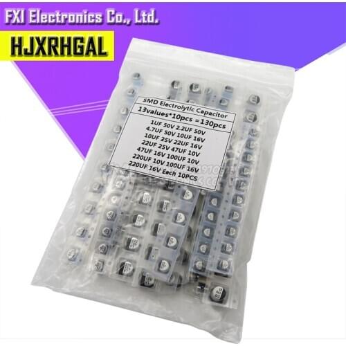 130pcs/LOT 1uF-220uF SMD Aluminum Electrolytic Capacitor Assorted Kit Set, 13values*10pcs=130pcs Samples Kit