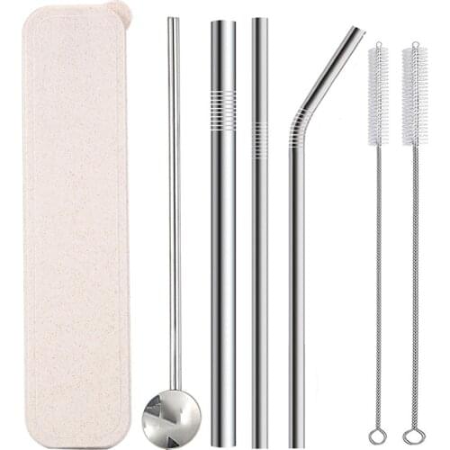6pcs/set Metal Straws with case Reusable Stainless Steel Straws Metal Straight Bent Drinking Straws Of Metal With Stirring Spoon