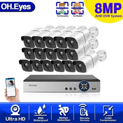 OH.eyes H.265 8/16PCS AHD 8MP Outdoor Security Bullet Camera 16CH AHD HDMI 4K Face Detection DVR System Video Surveillance Set