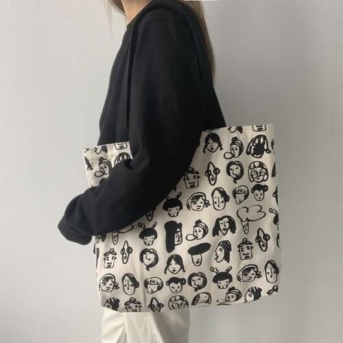Portrait Print Large Size Women Tote Shopping Bag Canvas Shoulder Bags for Women Cartoon Printing Cotton Cloth Eco Shopper Bags