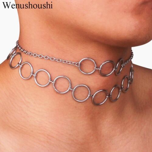 Color never fade / titanium chic hiphop circles Chokers Necklaces men Harajuku round Necklace women Punk Accessory Rock di100