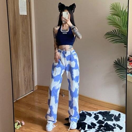 Tie Dye Denim Pant Print Fashion Casual Loose Wide Leg Harajuku Trouser 2021 Autumn Streetwear High Waist Button Women Pant