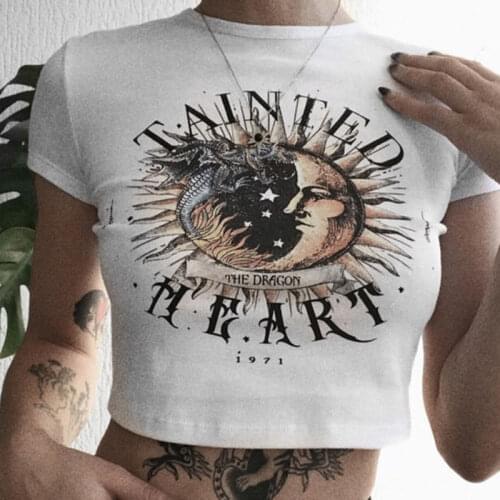 Vintage Slim Clothes Sun Print Casual Short Tops summer Punk Harajuku The Dragon Grunge Graphic Letter Pattern 90s Mujer T-Shirt