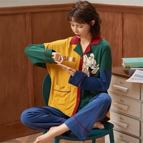 Loose pajamas set 2020 new cartoon color matching cotton home service two-piece suit ladies sexy nightwear camisones para dormir