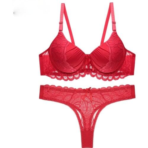 Sexy thongs and bra set for women Solid Lace hollow out push up bra and undewear panty set