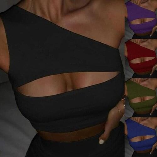 Summer Crop Tops Women 2021 Slant Shoulder Irregular Haut Femme Sexy Ladies Black Tank Top