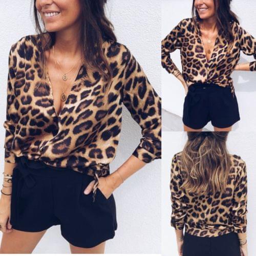 Hot Selling Women Ladies Leopard Loose Long Sleeve V-Neck Tops Blouses Fashion Shirts