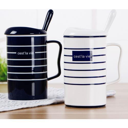Matte black coffee mug european coffee cupsKorean version cup striped ceramic cup covered with spoon mug black matte coffee cup