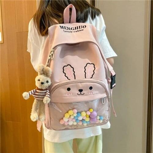 Cute Pink Women Backpack 2021 Cartoon Bunny Anime School Bag Kawaii Bear Teenage College Girls Clear Book Bag Big Korea Bagpack