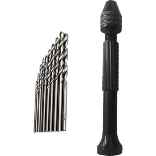 Mini Aluminum 0.3-3.8mm Hand Drill With Keyless Chuck And 10pcs High Speed Steel Twist Drill Bits Rotary Tool