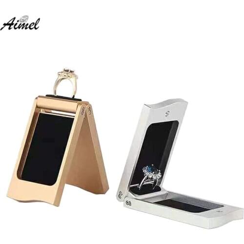 Fashion Foldable Metal Diamond Ring Box Luxury Wedding Enagement Ring Jewelry Storage Box Ring Gift Box Window Ring Showcase