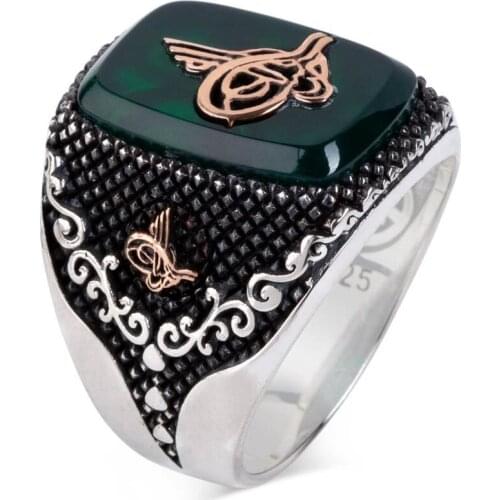 Green Agate Stone Ottoman Tughra Silver Mens Ring 925 Sterling Silver Ring for Men Agate Ring
