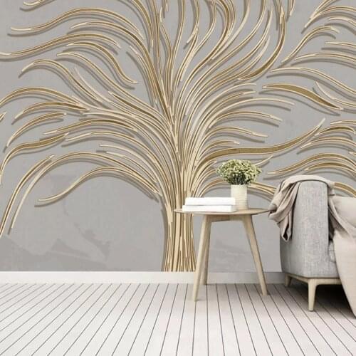 Custom Self-Adhesive Waterproof Mural Wallpaper Light Luxury Hand-painted Creative Tree 3D Golden Embossed Line Background Wall
