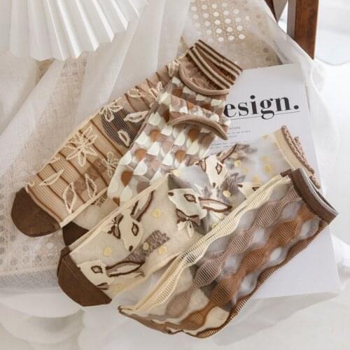 Rabbit Flower Print Glass Silk Socks Summer Ultra-Thin Transparent Cartoon Cute Womens Mid-tube Socks Milk Tea Color Hosiery