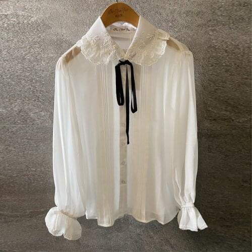 2020 New Lace Embroidery Collar Chiffon Blouse Women Clothes White Long Sleeve Shirts Womens Tops and Blouses Ladies Shirt