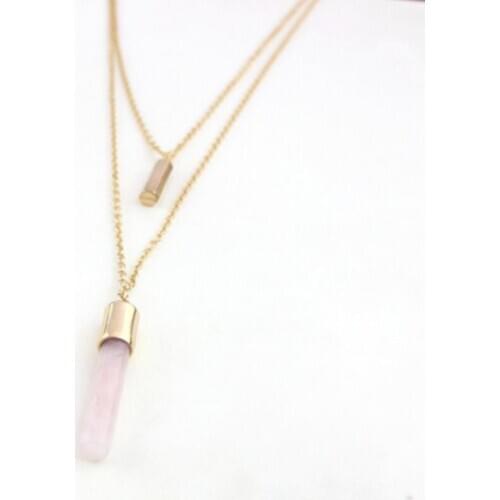 Light Yellow Gold Color Layer Rose Pink Quartz Pendant Cylinder Necklace Blue-vein Stone Jewelry