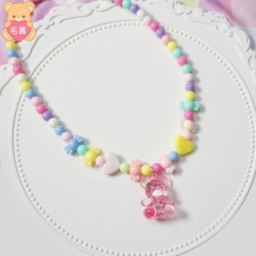 Handmade Beaded Bear Necklace Cute Candy Color Short Necklace Lolita Sweet Lo Mother Soft Girl
