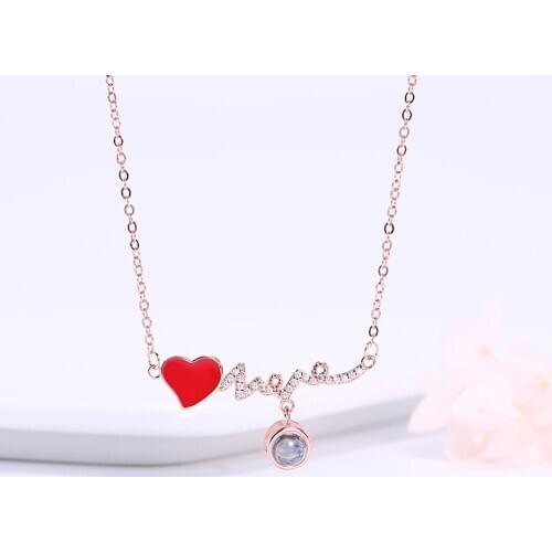 New 100 languages I love you Projection Pendant Necklaces Custom Name Image Red Heart Shape Letter Necklace Valentines Day Gift