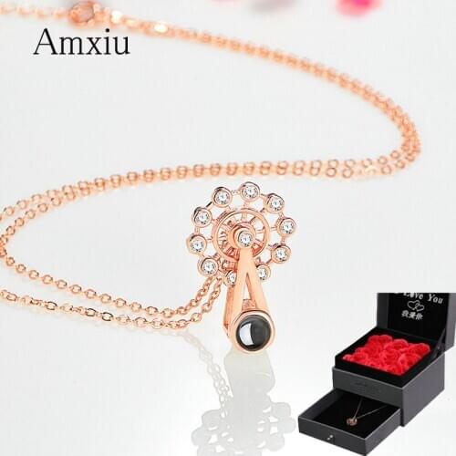 Amxiu 925 Silver Necklace 100 languages I love you Projection Necklaces Ferris wheel Pendant Necklace for Women Jewelry Gifts