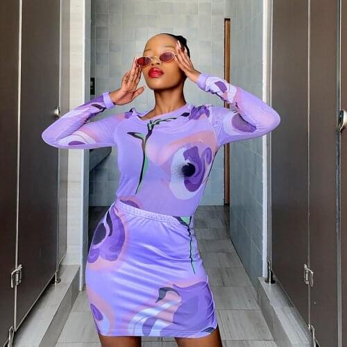 DSMTRC Casual Skinny Print 2 Piece Set Women Long Sleeve Mesh Slim Stretch Top+Skirt Female Party Clubwear Matching Outfits