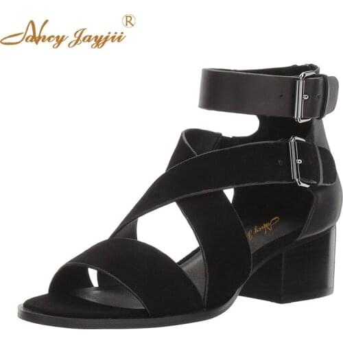 Female Shoes Woman Ladies Sandals Black Solid Ankle-Wrap Buckle High Square heels Basic Mature Fashion Elegant Novelty 2019