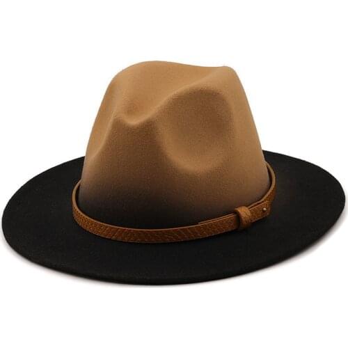 Wool Felt Wide Brim Gradient Ramp Spray Lacquer Fedora Hats With Brown Bamd Retro Jazz Panama Fedora Caps Autumn And Winter